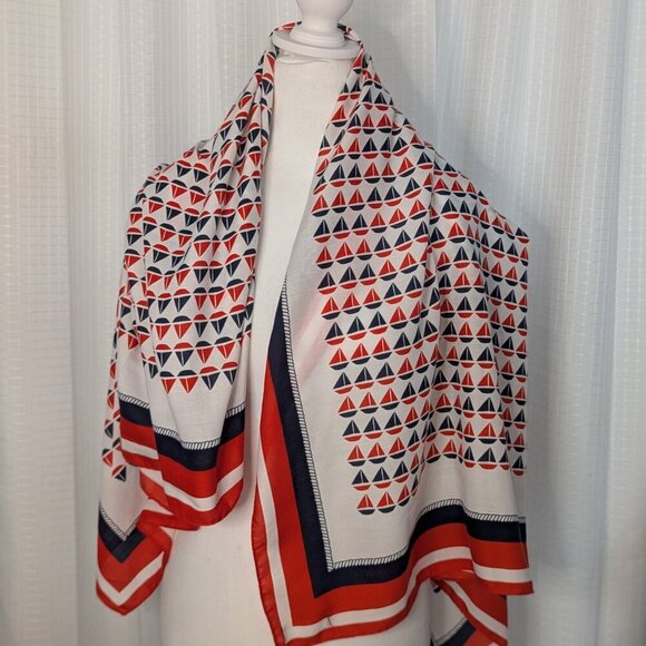 Land's End 100% Cotton Scarf, Red, White and Blue, Sailboat Motif 48x48 - Picture 1 of 6